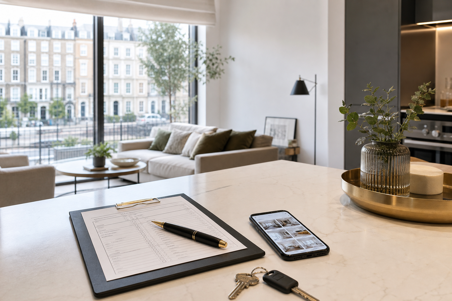 Modern London apartment inspection with keys, report and phone